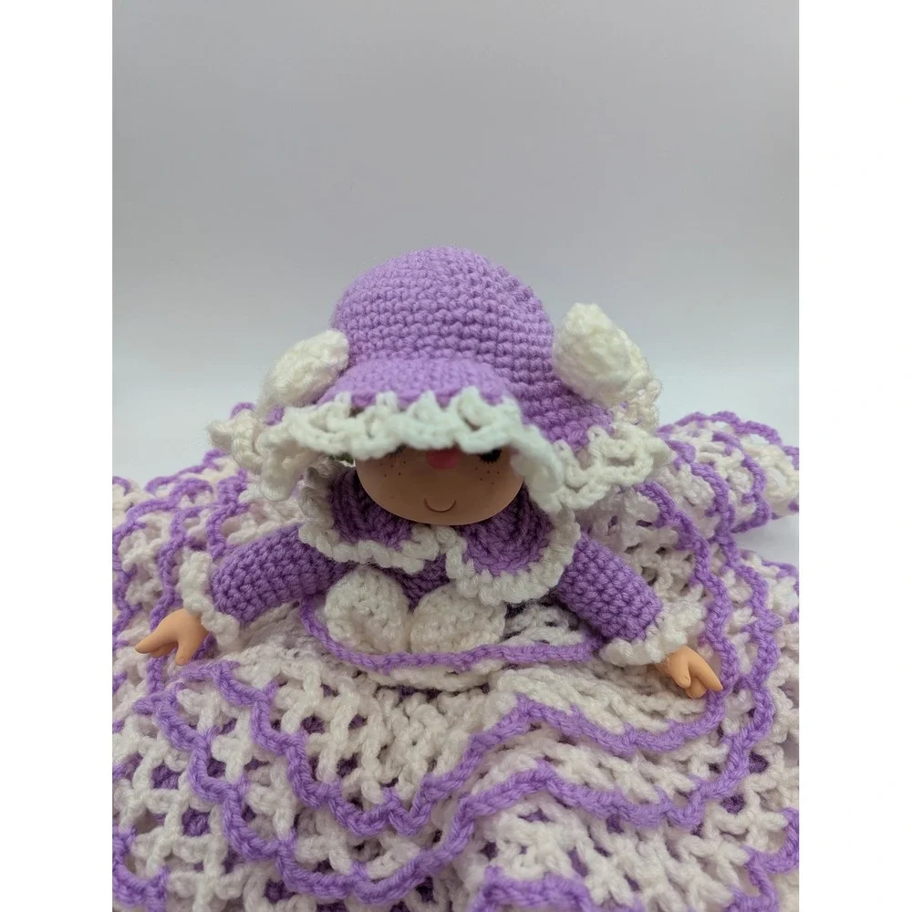 Vintage Handmade Crochet Bed Doll Purple White Ruffle Gown Green‎ Hair 10 Inch